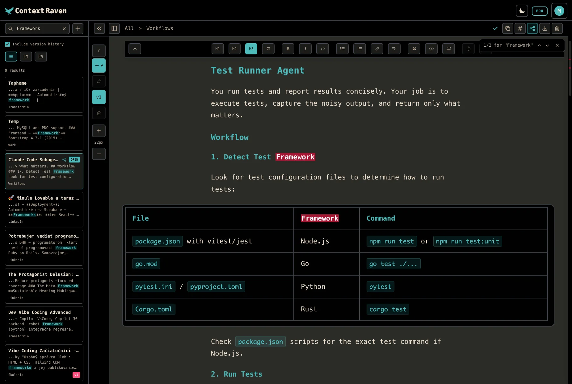 Context Raven editor interface showing WYSIWYG markdown editing with version history sidebar
